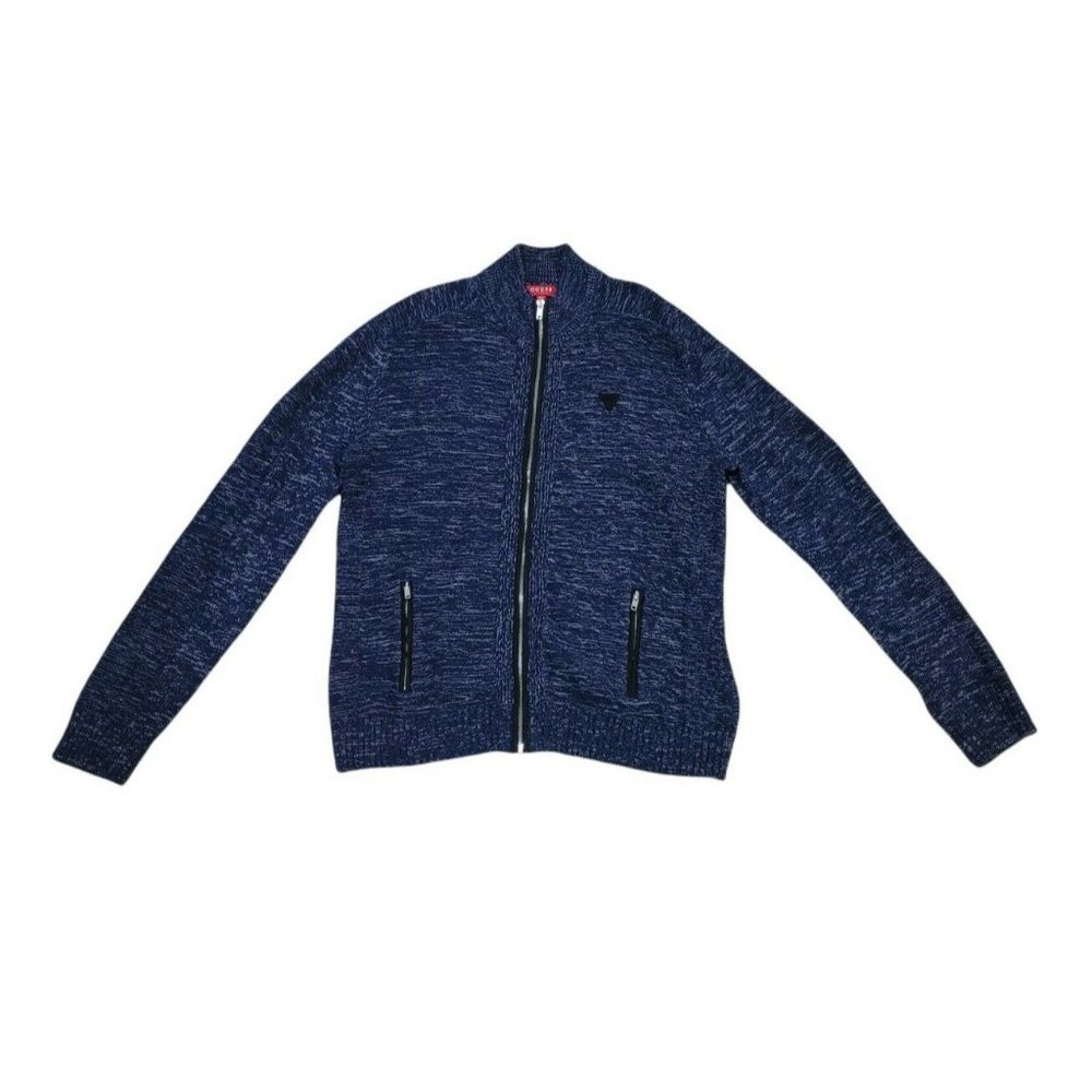 GUESS Men's XXL Marled Navy Full Zip Mock Neck Knit Cardigan Logo Zipper Pockets